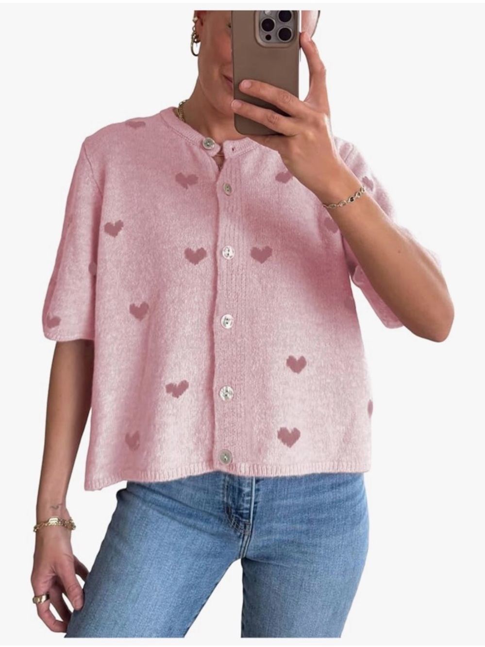 Pink Heart Button-Front Knit Top size M
